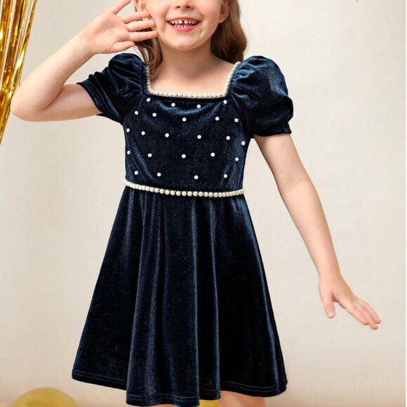 Girl Pearls Beaded Puff Sleeve Velvet Party Dress 7T - Picture 6 of 6